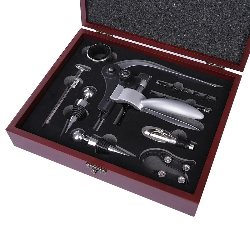 9pcs lot red wine openner set gift package wood box decanter Drip stop ring seahorse openner PU leather accessories