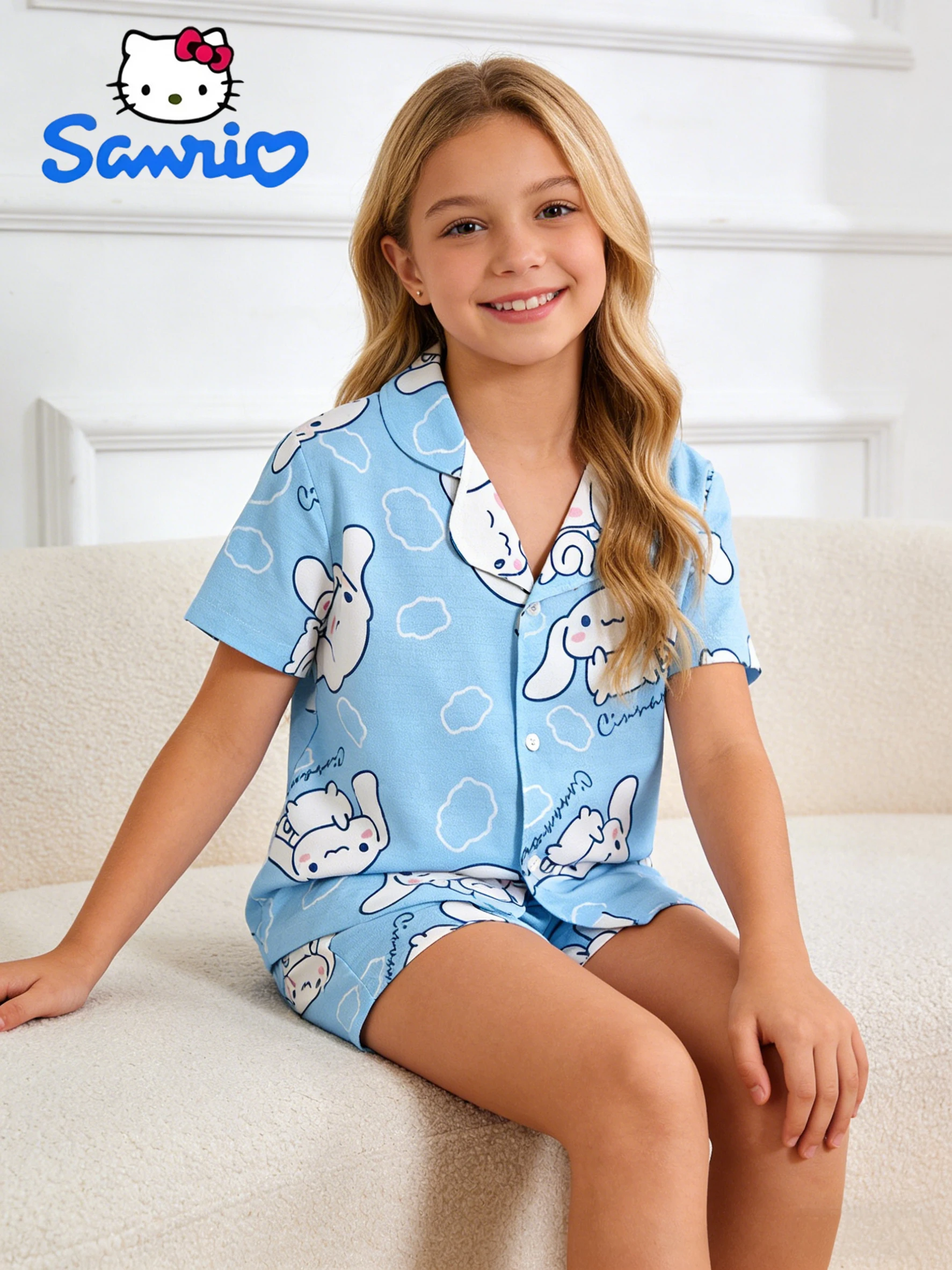 Sanrio Mädchen-Shorts, Pyjama-Set, Sommer-Hauskleidung, Cinnamoroll Kurzarm-Oberteil und Shorts, Geeignet für den Hausgebrauch