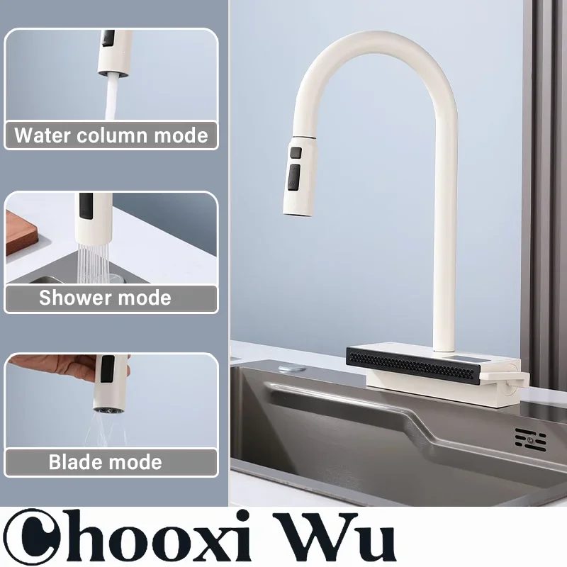 

CHOOXIWU-Waterfall Kitchen Faucet Temperature Display For Hot and Cold Water Pull Out Deck Mounted Sink Tap