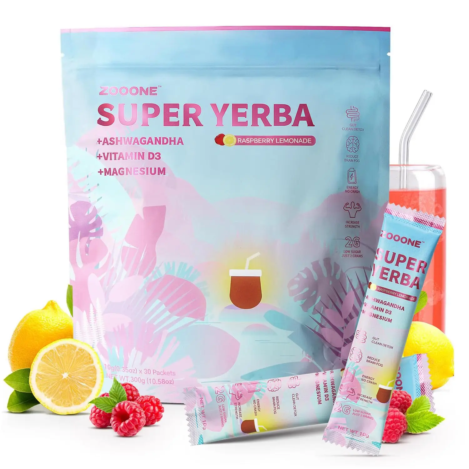 ZOOONE Super Yerba Mate en Polvo Instantáneo, 30 Sobres - Sabor Limonada de Frambuesa | Servings Clean Energy & Focus Boost, Eliminador de Niebla Mental | Apoyo Intestinal, Antioxidantes