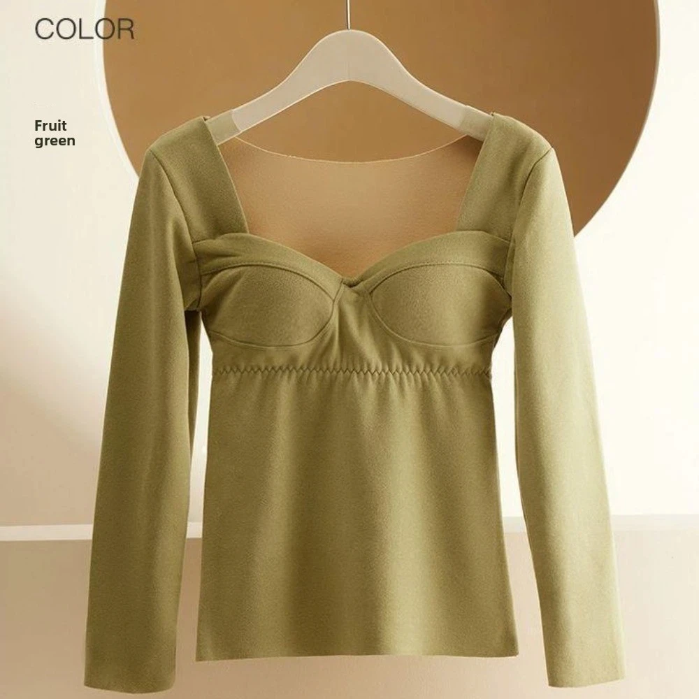 

V Neck Women Thermal Clothes Solid Color Velvet Fleece Thermal Underwear Lingerie Feel Heating Warmth Long Tops Undershirt