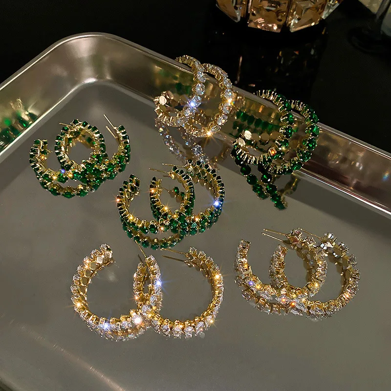 New Luxury High Quality Inlay CZ Hoop Earrings Round Green Zircon Crystal Earring for Women Engagement Party Statement Jewelry
