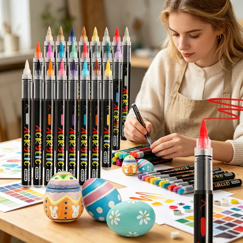 12-48 Colors Direct-liquid Acrylic Markers, Waterproof Soft Brush Tip Pens for DIY Christmas Painting Art Stationery
