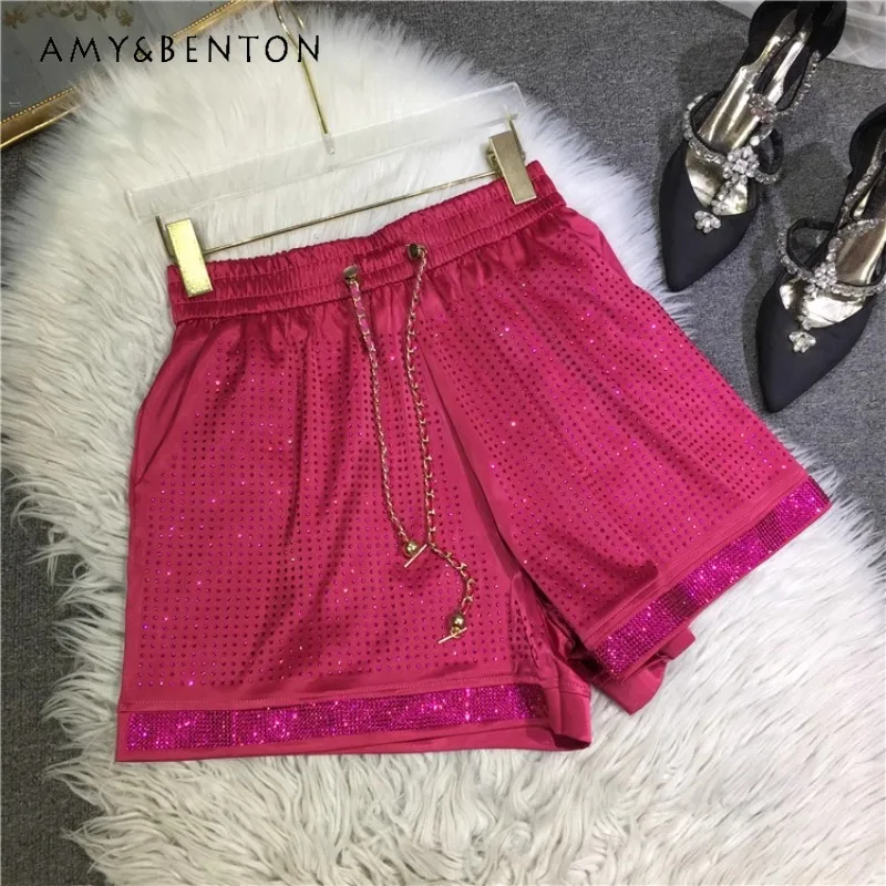 Heavy Embroidery Shorts Women's Light Luxury Full Diamond Silky Satin Cool Straight Pants Summer Light Slimming Cool Short Pants