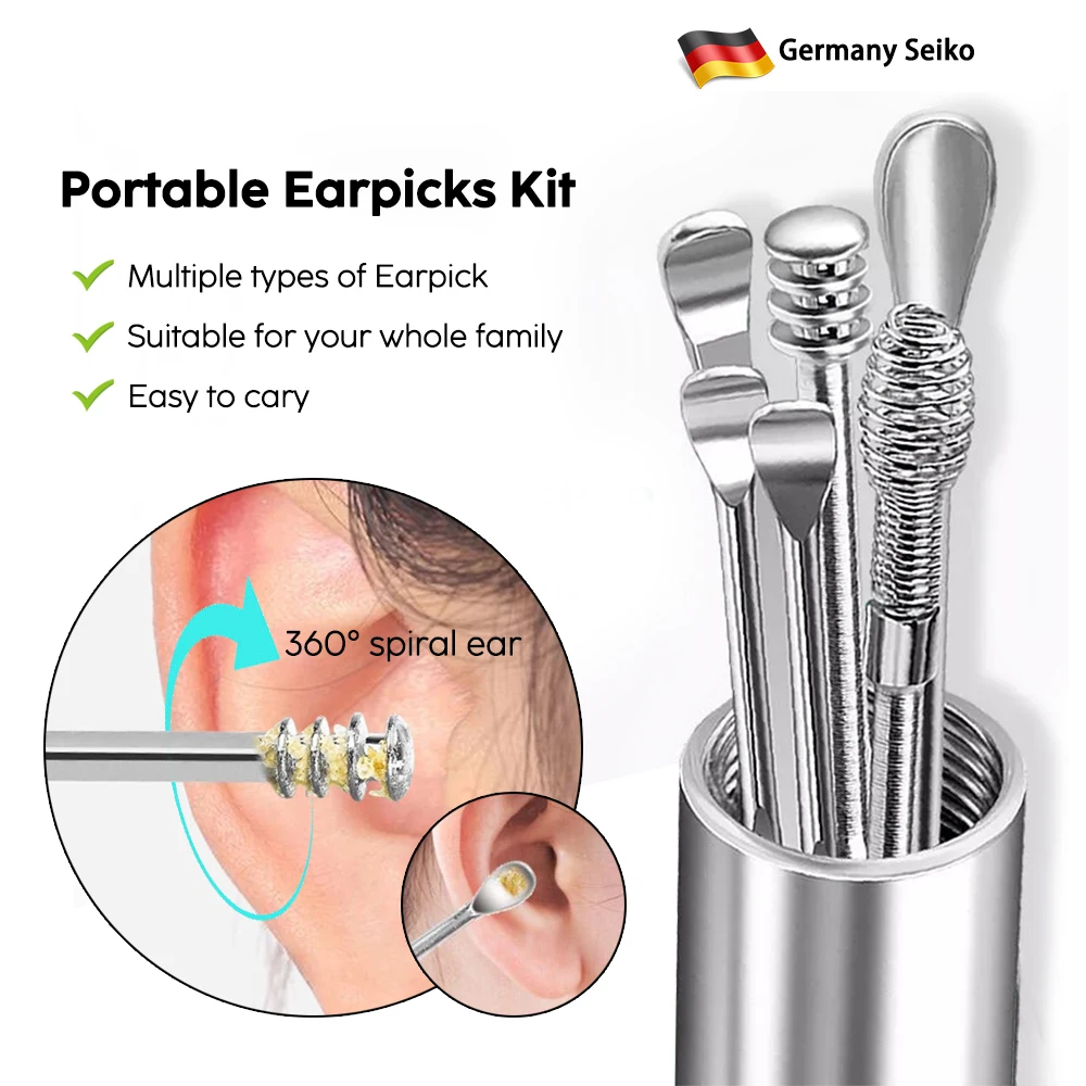 Ensemble de 6 nettoyeurs d'oreilles, cure-oreilles, éliminateur de cérumen, cuillère à oreilles, curette, spirale pour le nettoyage des oreilles, nettoyage facile du cérumen, nettoyeur d'oreilles