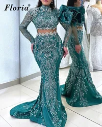 Dark Green Crystals Evening Dresses Mermaid Long Sleeves Formal Occasion Dresses Robes De Soirée High Neck Prom Dresses Custom