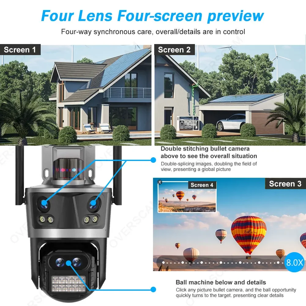 Cámara PTZ inalámbrica para exteriores, videocámara de seguridad iCsee con tres lentes de pantalla, 8K, 16MP, 4K, cuatro lentes, WIFI, IP, detección humana IA