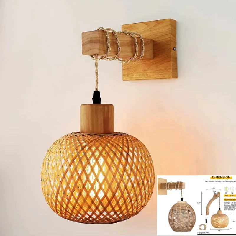 

Bamboo bedside wall lamp dining room rattan lamp wooden bedroom farmhouse rustic indoor background wall light fixtures