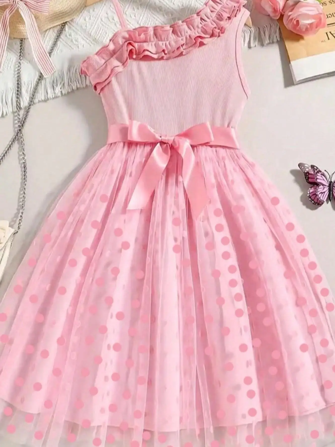 Sommer Mädchen Rüschen-Dekoration Cami Tutu Kleid Prinzessin Mesh Kinderkleid Freizeit Süßer Stil – Detail 7