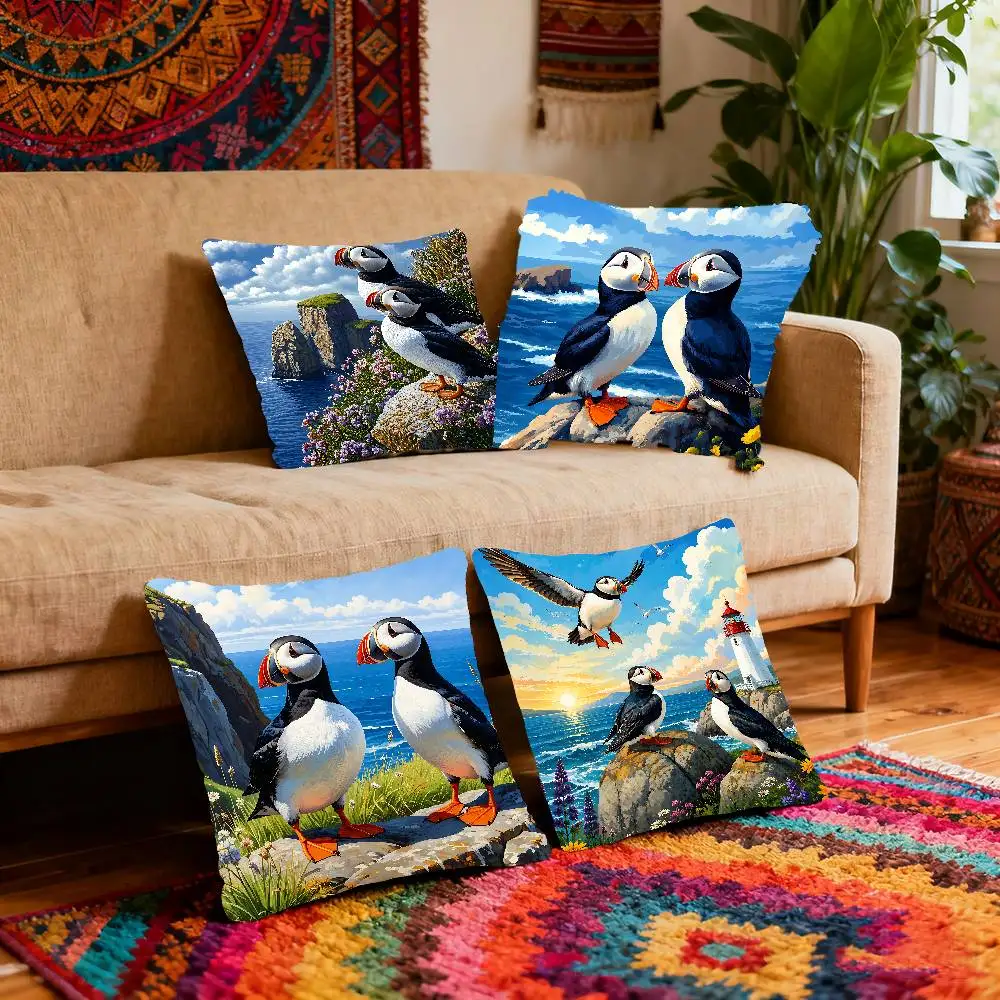 Coastal Puffins Pillow Case Throw Pillow Cover Nordic Vintage Style Cushion Covers Home Living Room Sofa Couch Seat Decor