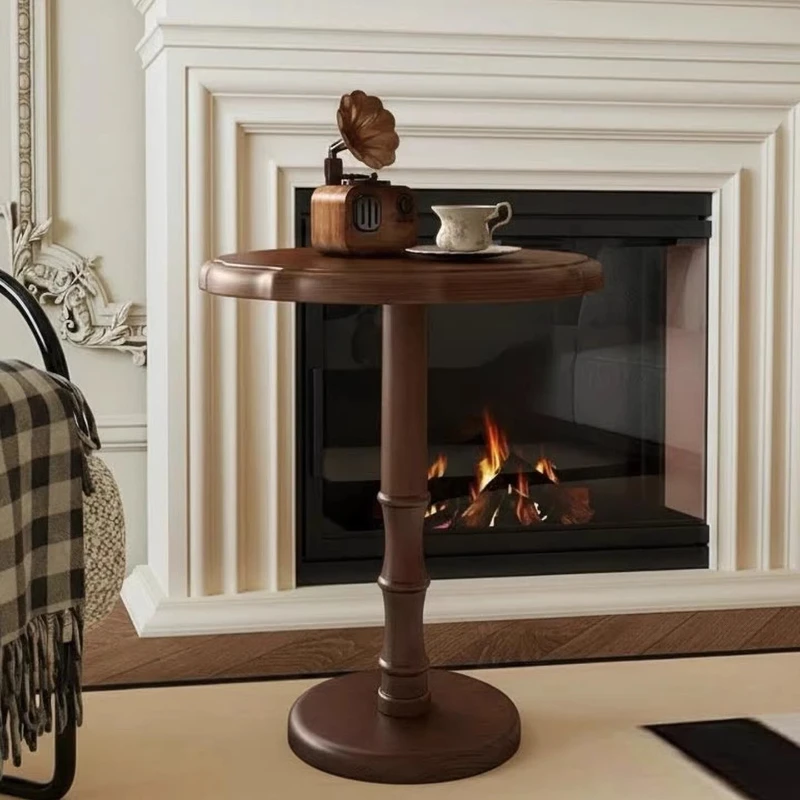 

French Retro Solid Wood Round Table Vintage Living Room End Table Mid-Century Nightstand Compact Apartment Living Room Furniture