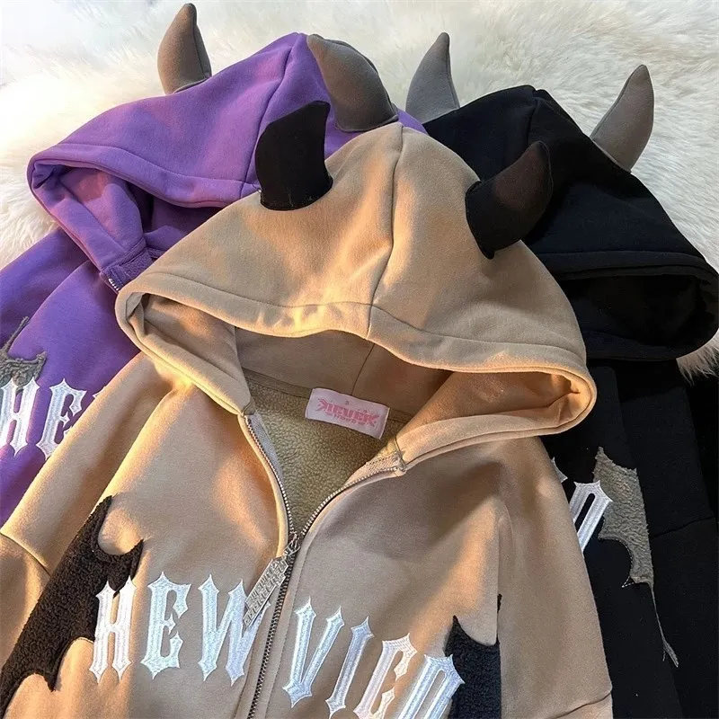 Hip Hop Gothic Bat Wing Devil Horn Gothic Zip Up Hoodie Jacket Women Men Oversized Sweatshirt Kawaii Clothes Harajuku Winter Y2K