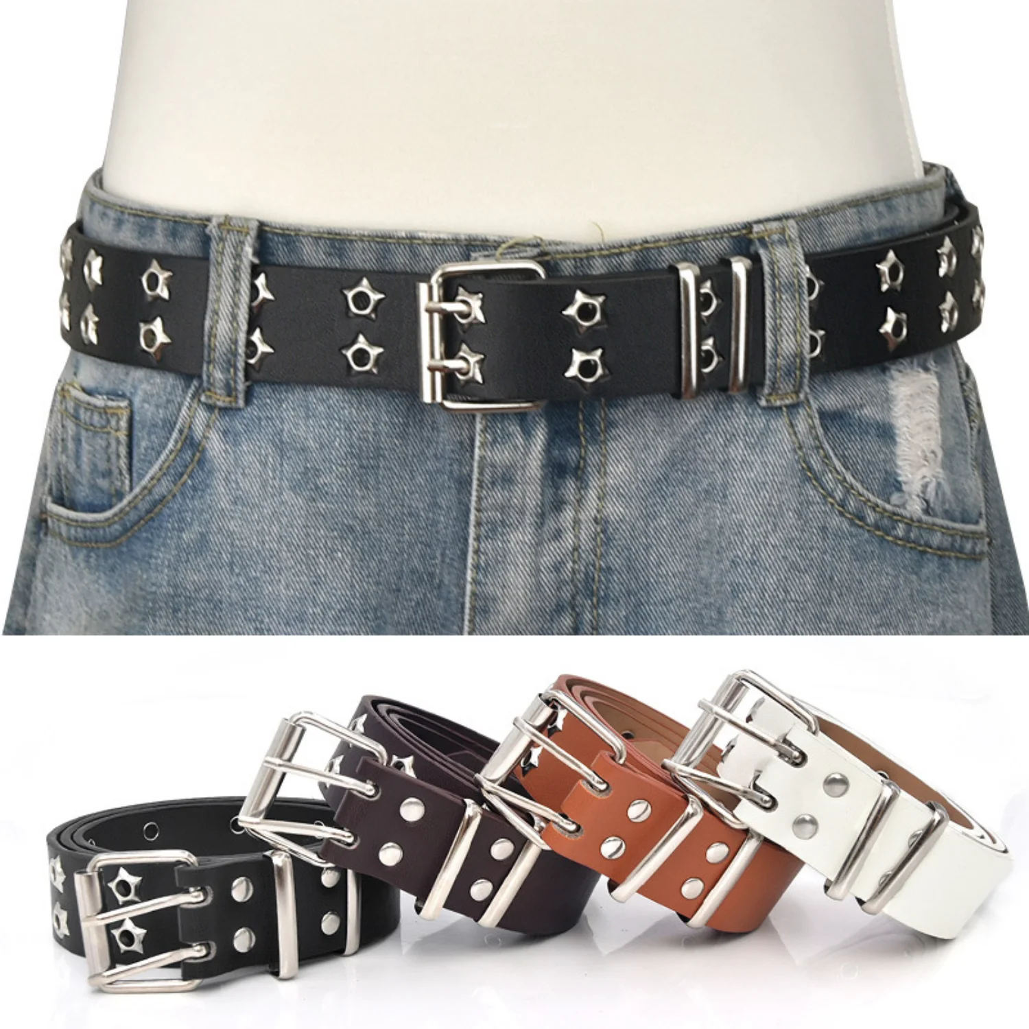 

1PC New Star Women's Punk Jeans Decorative Belt - Double Exhaust Eyelet Belt for Versatile Casual Style