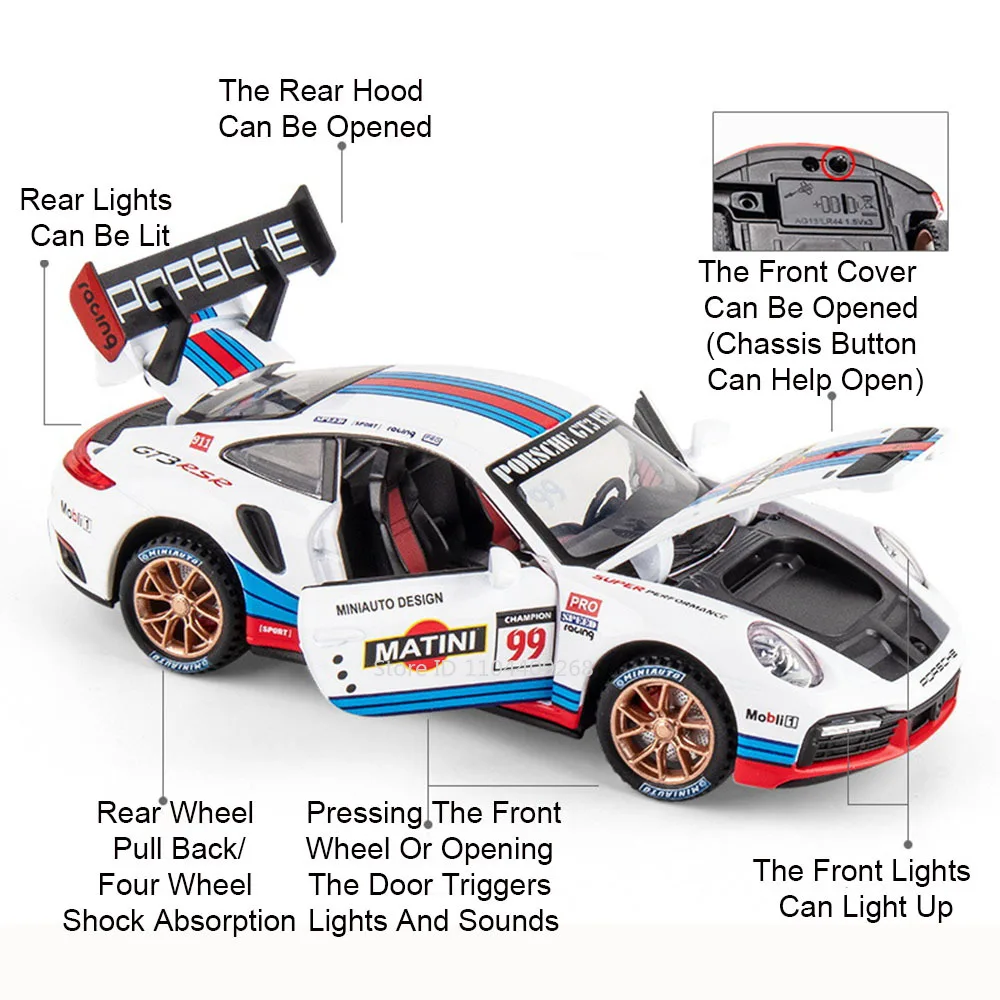 1:32 911 GT3 RSR Targa 4S Sports Car Toy Model Metal Diecast Music Light Pull Back Racing Vehicles Toys Boys Ornaments Models