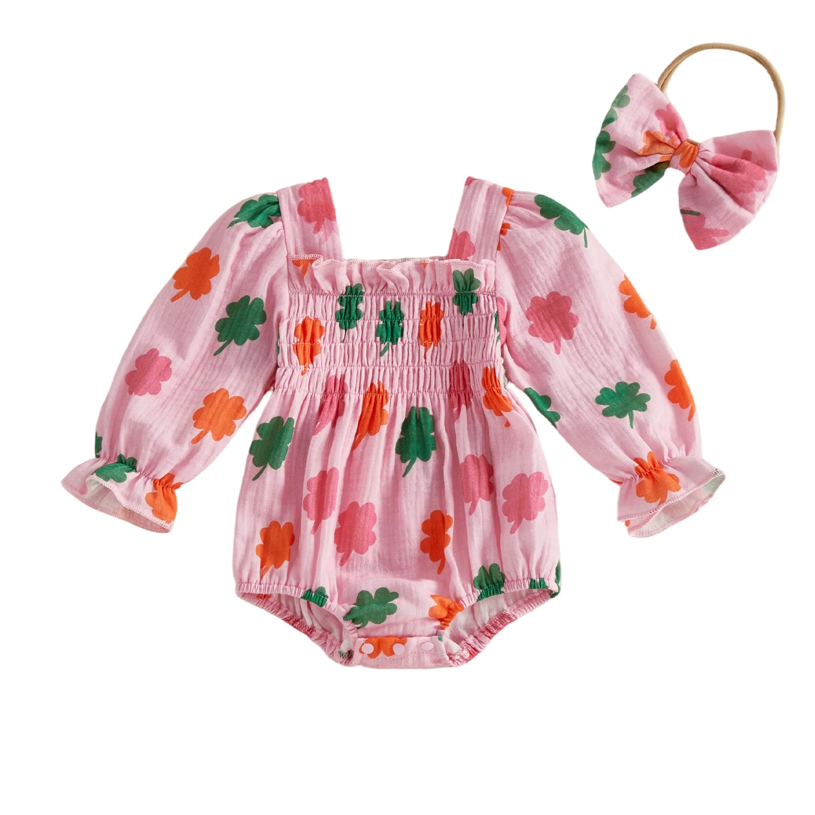 

Комплект для девочки: ирландский наряд с принтом клевера, комбинезон-ромпер с длинным рукавом и бантом на голову, 2 предмета, весенний набор