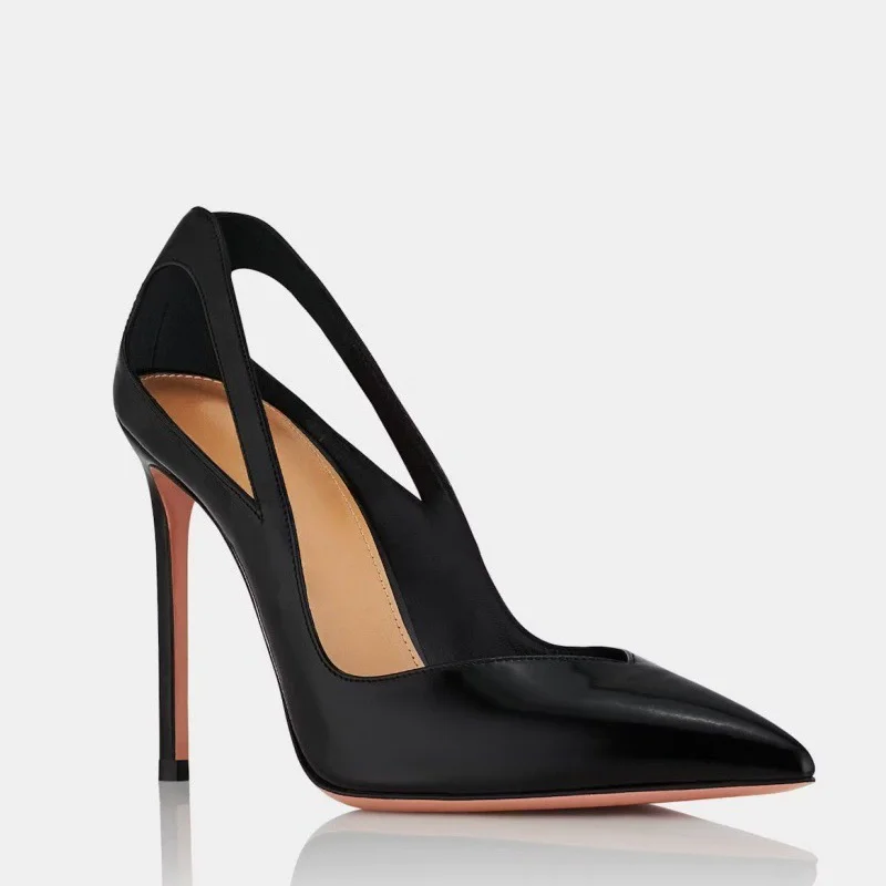 

Spring new pointed toe shallow hollow black patent leather sexy sandals banquet dress large size thin high-heeled women's shoes