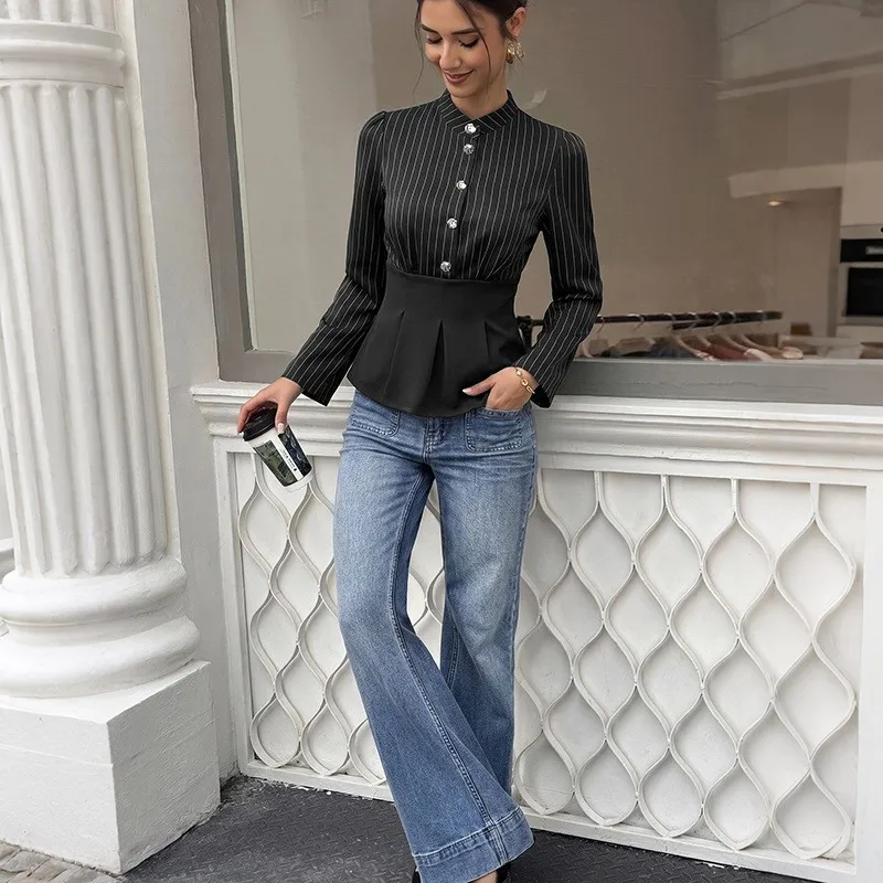 Women's Elegant A Line Stand Collar Color Block Striped Blouse Tops For Women With Fitted Waist Regular Length Pullover Shirt