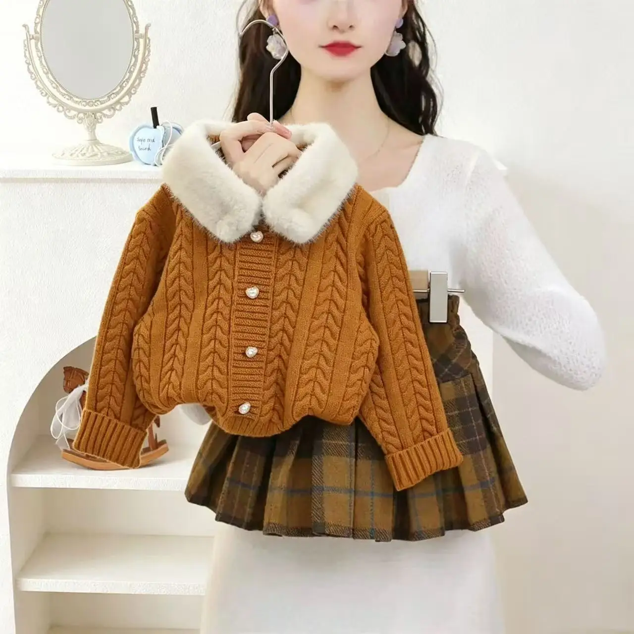Autumn Winter Girls Knit Two Piece Set Fashion Trendy Fur Collar Sweater Matching Wool Plaid Skirt Outfit