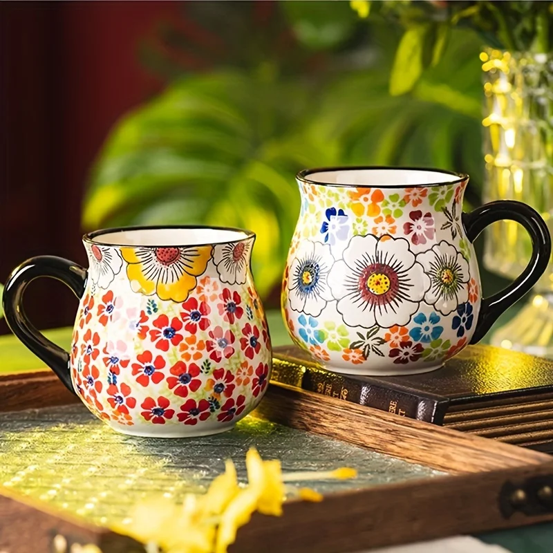 1 pièce, tasse à café en céramique avec poignée, 450 millilitres, tasse florale vintage peinte à la main, adaptée à une utilisation à la maison et au bureau