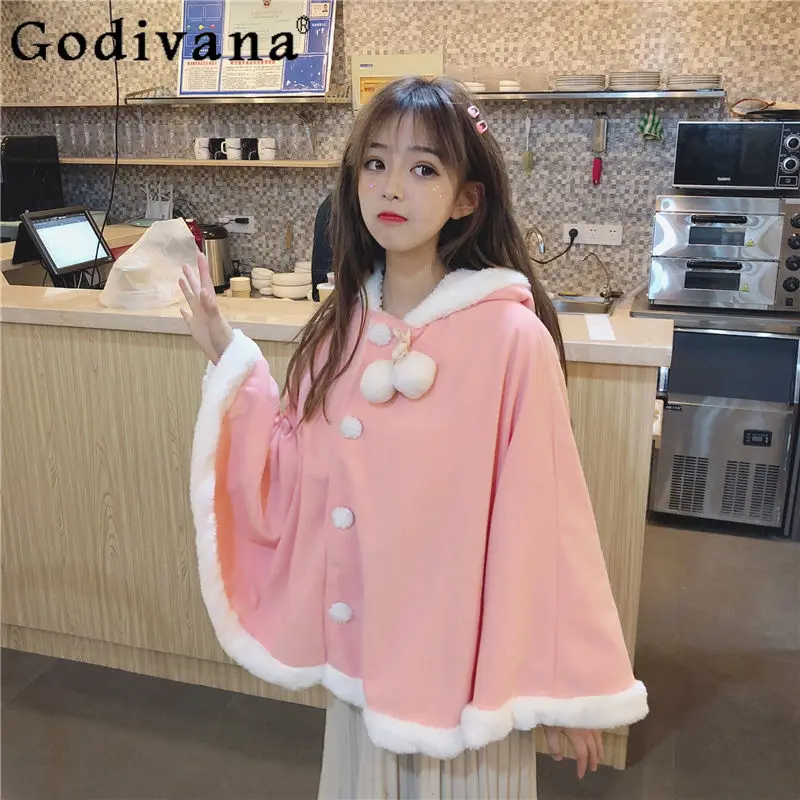 

Winter Oversized Sweet Cloak Hooded Jacket Female Loose Japanese Style Women's Fleece-Lined Rabbit Ears Cape Woolen Coat Student