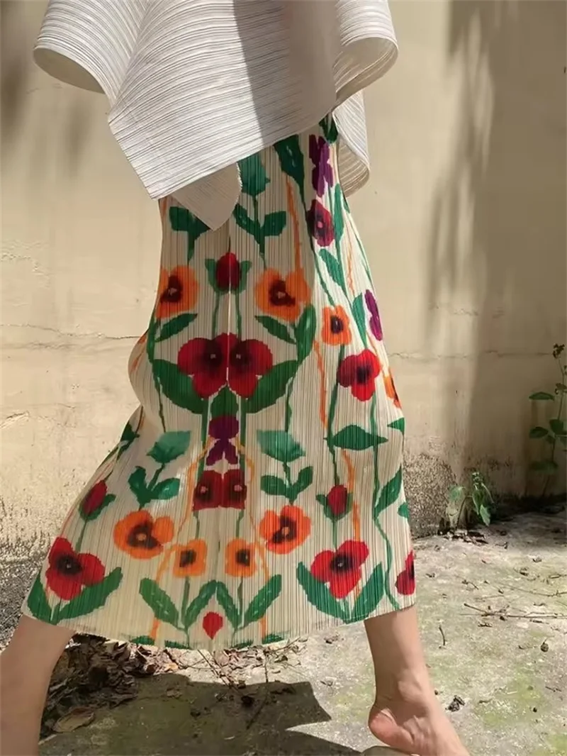 Vintage Midi Print Skirts Women 2025 Summer Back-slit Mujer Aesthetic Temperament Casual Long Dress for Holiday & Party 3XL