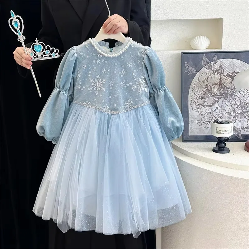 Girls Autumn Winter Mesh Bow Princess Dress Kids Student Sequin Dress Baby Warm Puff Dress Children Casual Holiday Party Outfit