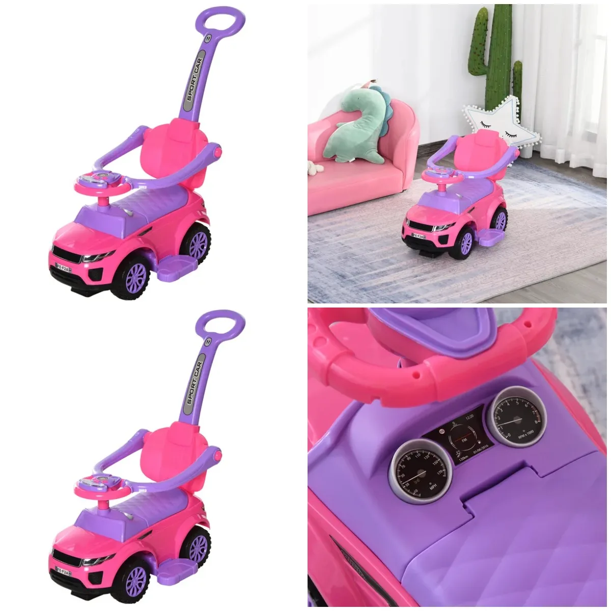 3-in-1-Schubwagen für Kleinkinder, Aufsitzwagen mit Hupe, Musik und Licht, sichere Stange, Gehspielzeug für Jungen und Mädchen im Alter von 1–3 Jahren, P