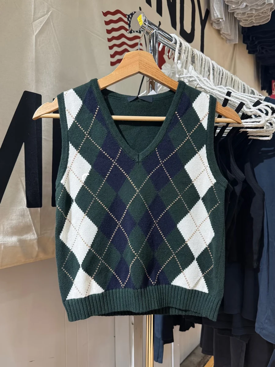 

Dark Green Argyle Sweater Vest Women Spring V-neck Cotton Sleeveless Jumper Female American Vintage Preppy Style Sweet Crop Top