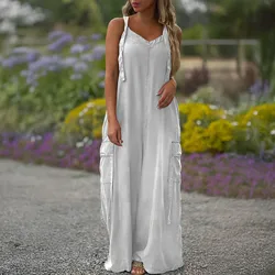 Casual Loose Jumpsuit Women Spaghetti Long Camis Summer Print Cotton Linen Strap Wide Leg Pants Bib Overalls Sleeveless Jumpsuit