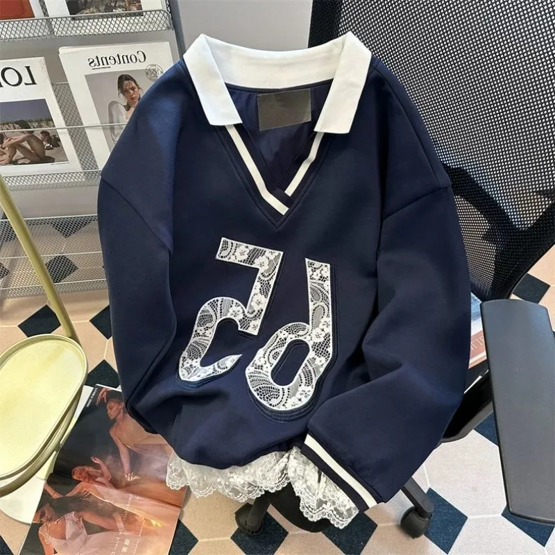 

High Quality Korean College Hoodie High Street V-neck Lace Stitching Sweatshirt Loose Oversized Baseball Navy Tops Sweet Women