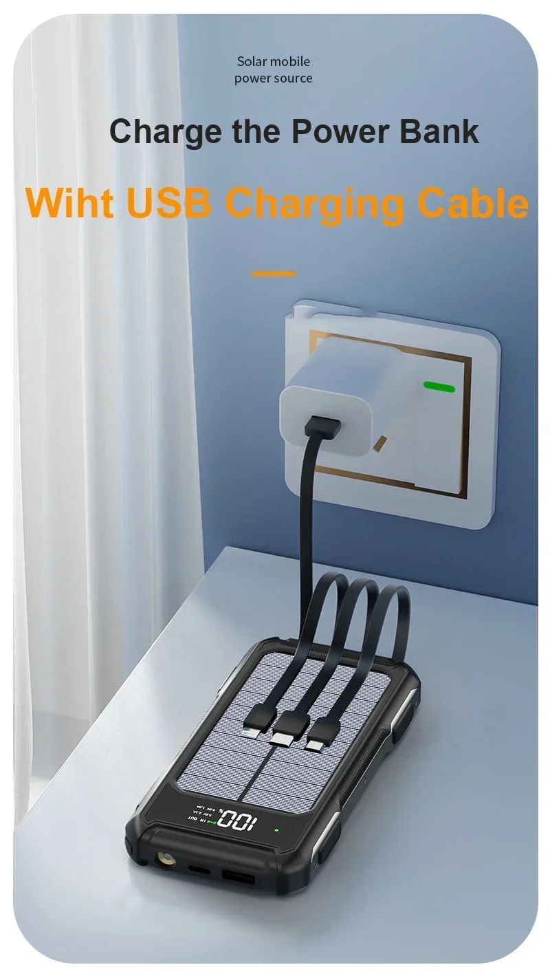 5000mAh 10000mAh 20000mAh Power Bank per Samsung Per iPhone Per Xiaomi Cavi integrati con pannello solare PowerBank portatile