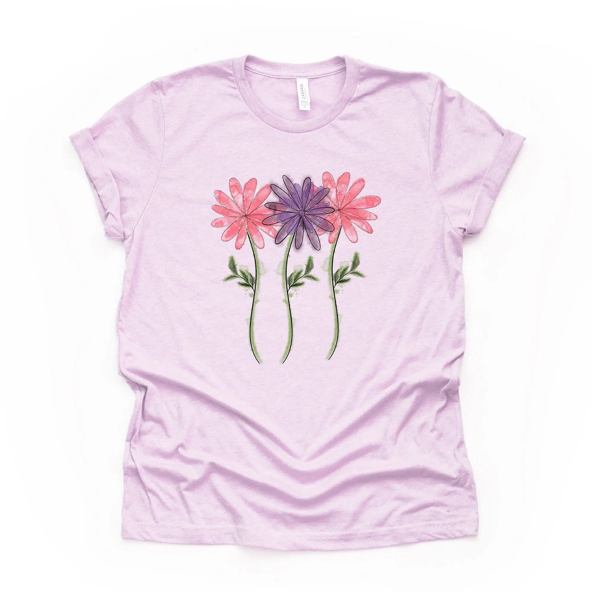 Spring Flowers T Shirt Cute Watercolor Pink And Purple Design Premium Unisex 3 Color Choices Plus Sizes Available