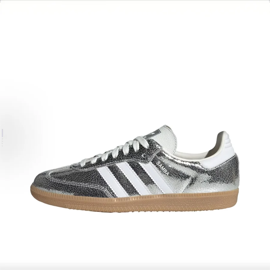 حذاء adidas Originals Samba 0G مريح وبسيط ونعل رفيع ومتين ومنخفض الارتفاع حذاء تزلج نسائي فضي JR0035