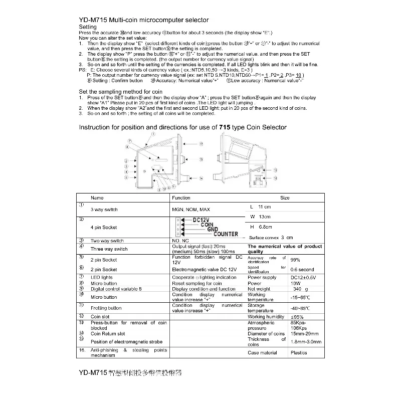 Multi Coin Acceptor YD-M715 Plastic Electronic Coin Selector for Vending & Amusement Machines