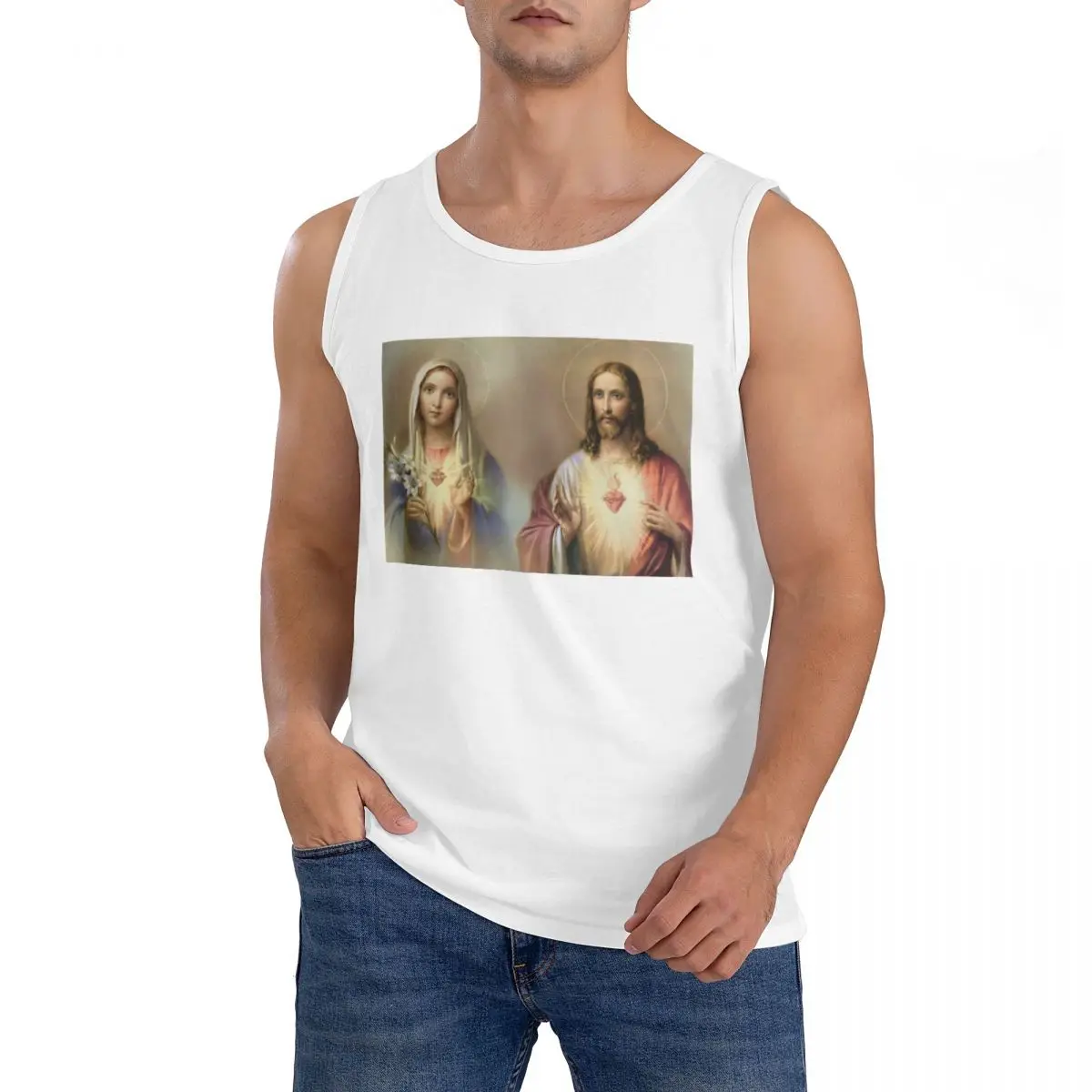 Sacred Heart Jesus Immaculate Mary Religious Poster Sleeveless T-Shirt Men Workout Sports Clothing Tops Men's Crew Neck Vest