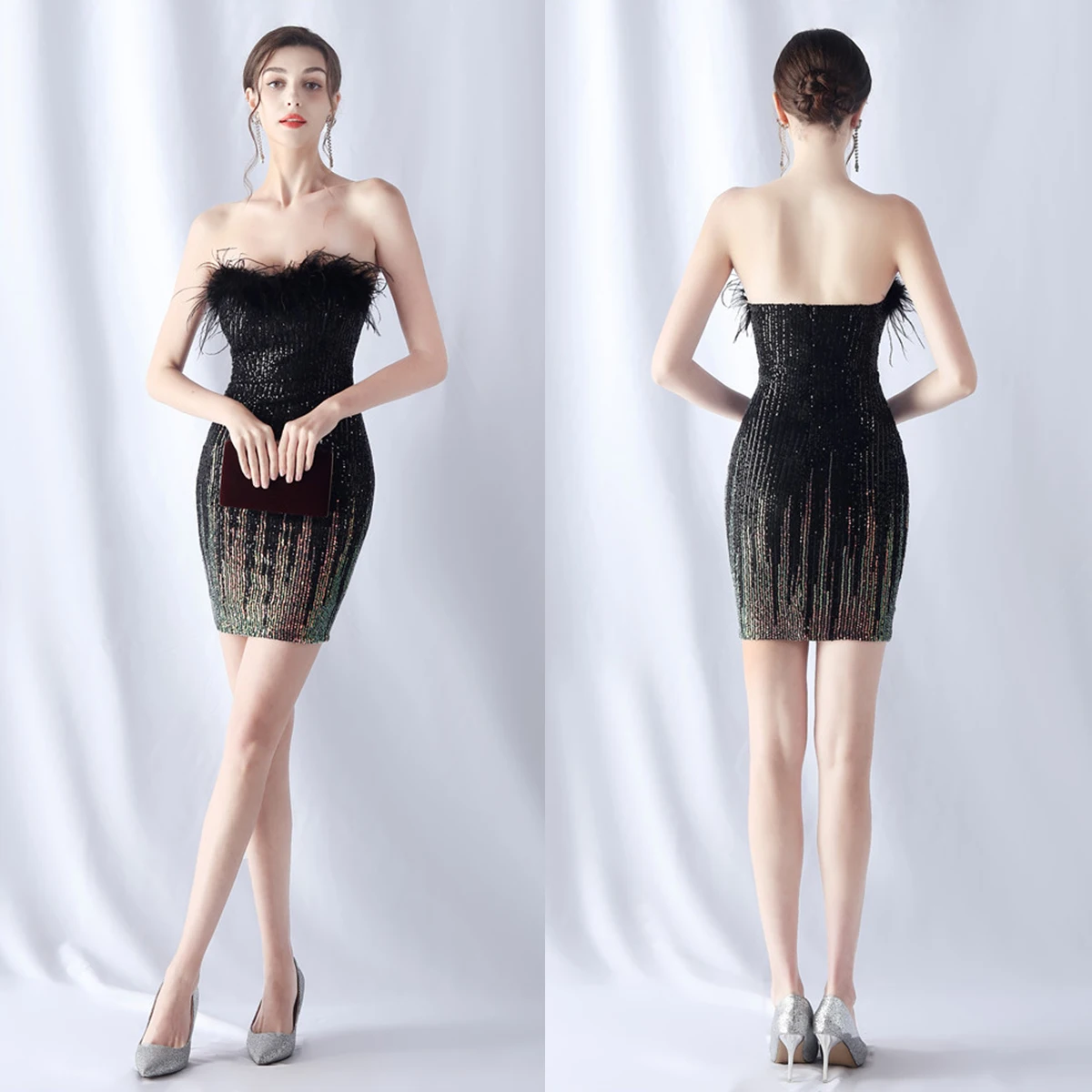 

Evening Dress Black Sequins Feather Strapless Zipper Back Mermaid Trumpet Above Knee Sexy WOmen Party Formal Gown YE443