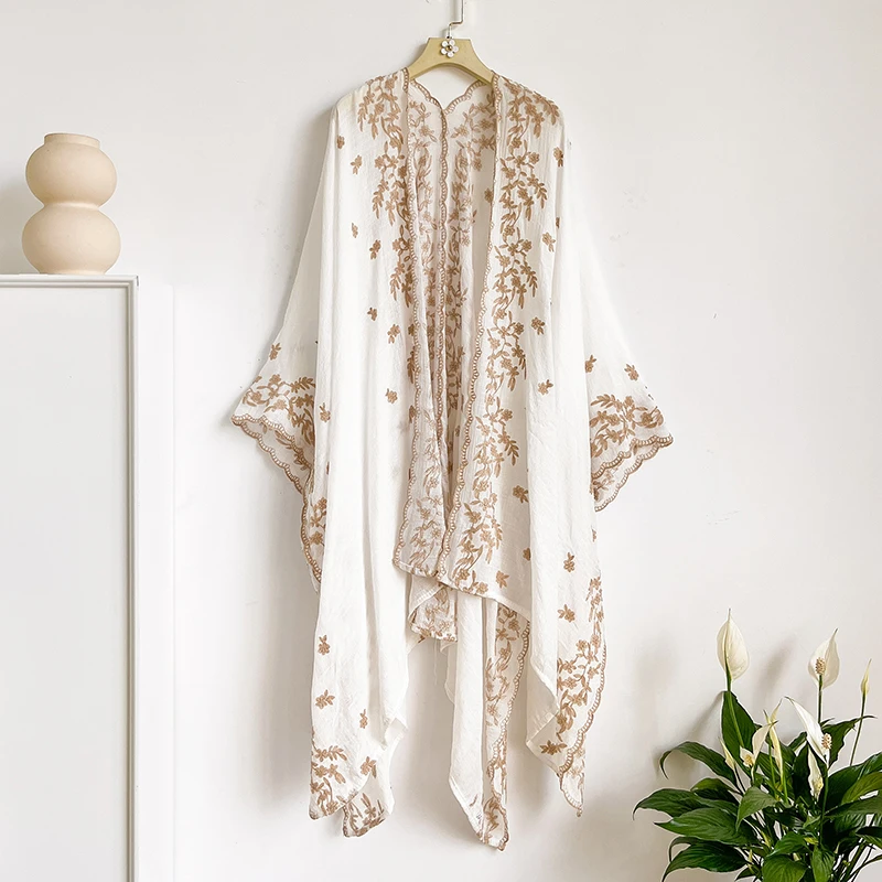 Vintage Ethnic Flower Lace Embroidery Poncho Cape, Loose Irregular Hem Shawl, Ladies Holiday Beach Vacation Outerwear