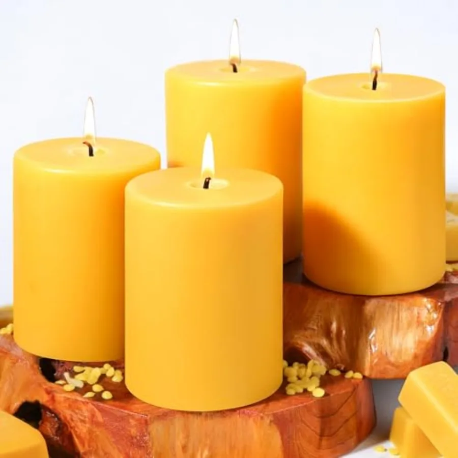 

4 Packs 3" x 4" Natural Beeswax Pillar Candles, 240 Hours Long Burning Emergency Candles 100% Pure Beeswax Candle, Blessed Bees