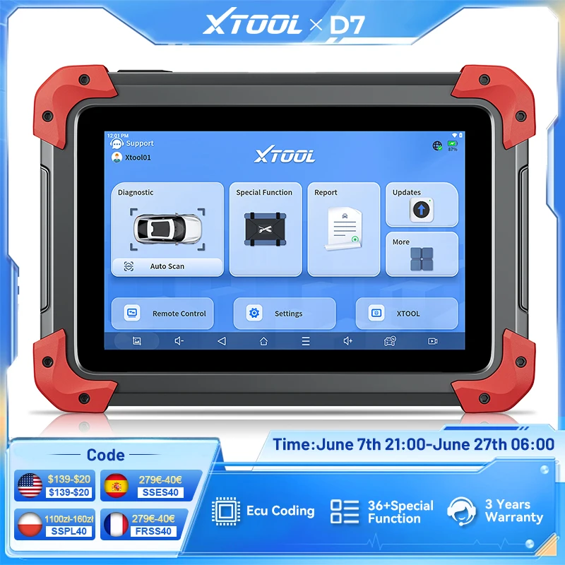 XTOOL D7 V2.0  Bi-directional Control Automotive Scanner,Full System Diagnostic Tool,ECU Coding ,Auto Scan,36+ Service Function