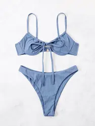 Bikini con Push-Up para mujer, bañador Sexy con lazo frontal, ropa de baño femenina con aros, ropa de playa de verano 2024