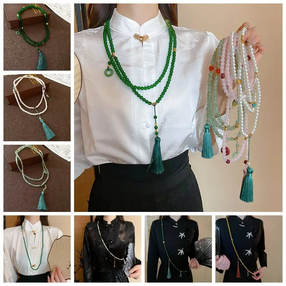 Chinese Style Hanfu Horse Face Skirt Necklace Accessories Vintage Qipao Ping An Buckle Pendant Long Tassel Bead Necklace Jewelry