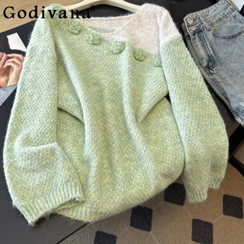 

Корейский трехмерный цветочный модный свитер с v-образным вырезом и длинными рукавами, осень-зима, большой размер для девочек, свободный универсальный вязаный топ