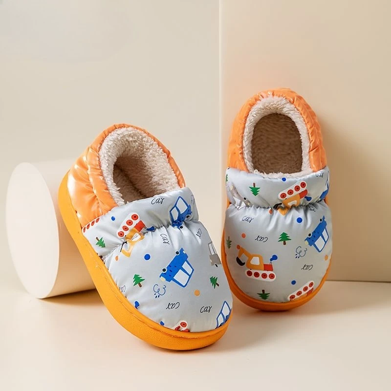 

Kids Cotton Slippers with Heel Cover Non Slip Waterproof Warm Home Shoes for Boys Girls Winter Indoor Toddler Footwear