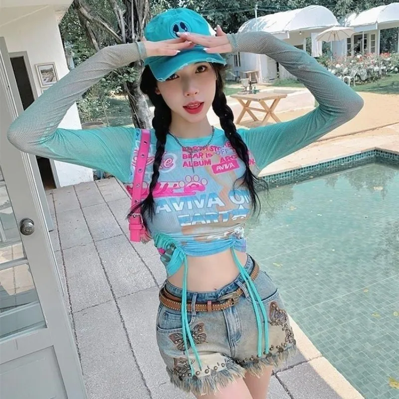 

Sweet Cool Cartoon Print Y2k Crop Tops Drawstring Mesh Long Sleeve T-shirt Women Summer Slim Short Paragraph Top Tide Sunscreen