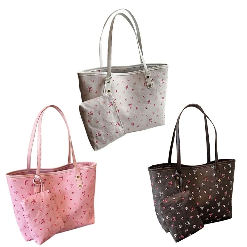 X7XC Roomy Bows Accent Shoulder Bags Practical PU Fabric Underarm Bag Casual Top Handle Purse For Office College Daily Carry