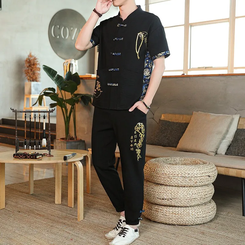 Summer Japanese Style Clothing Set Samurai Man T-shirt Trousers Breathable Chinese Suit Kimono Top Cropped Pants Outfit Harajuku