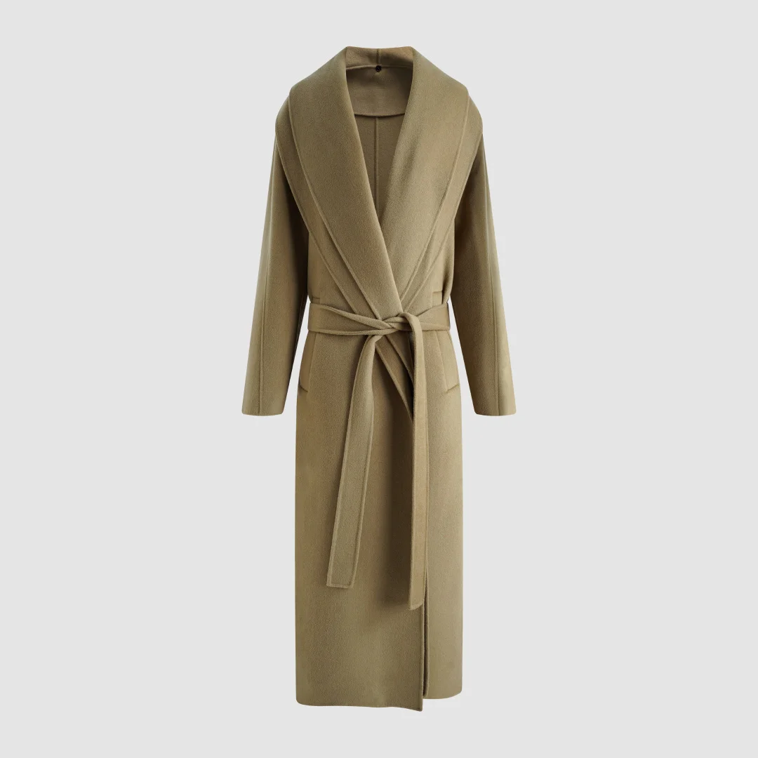 2026 Women's Double-Faced Wool Wrap Coat Camel Shawl Collar Long Jacket Belted Trench Style Elegant Winter Overcoat