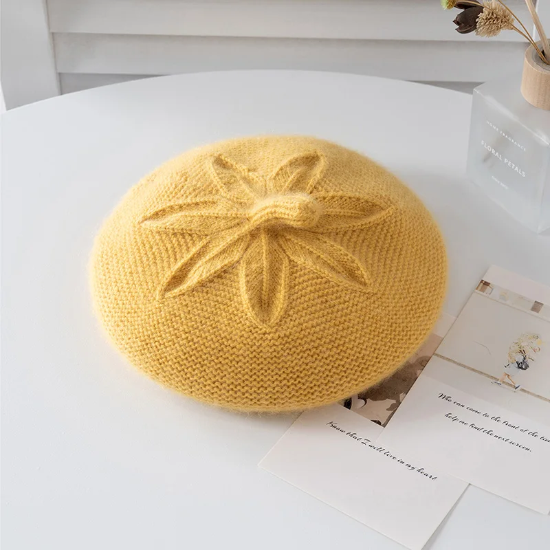 High quality 100% Cashmere Knitted Children Beret Leaf Pattern Vintage Painter Cap for  Boys Girls Solid Color Kids Hat