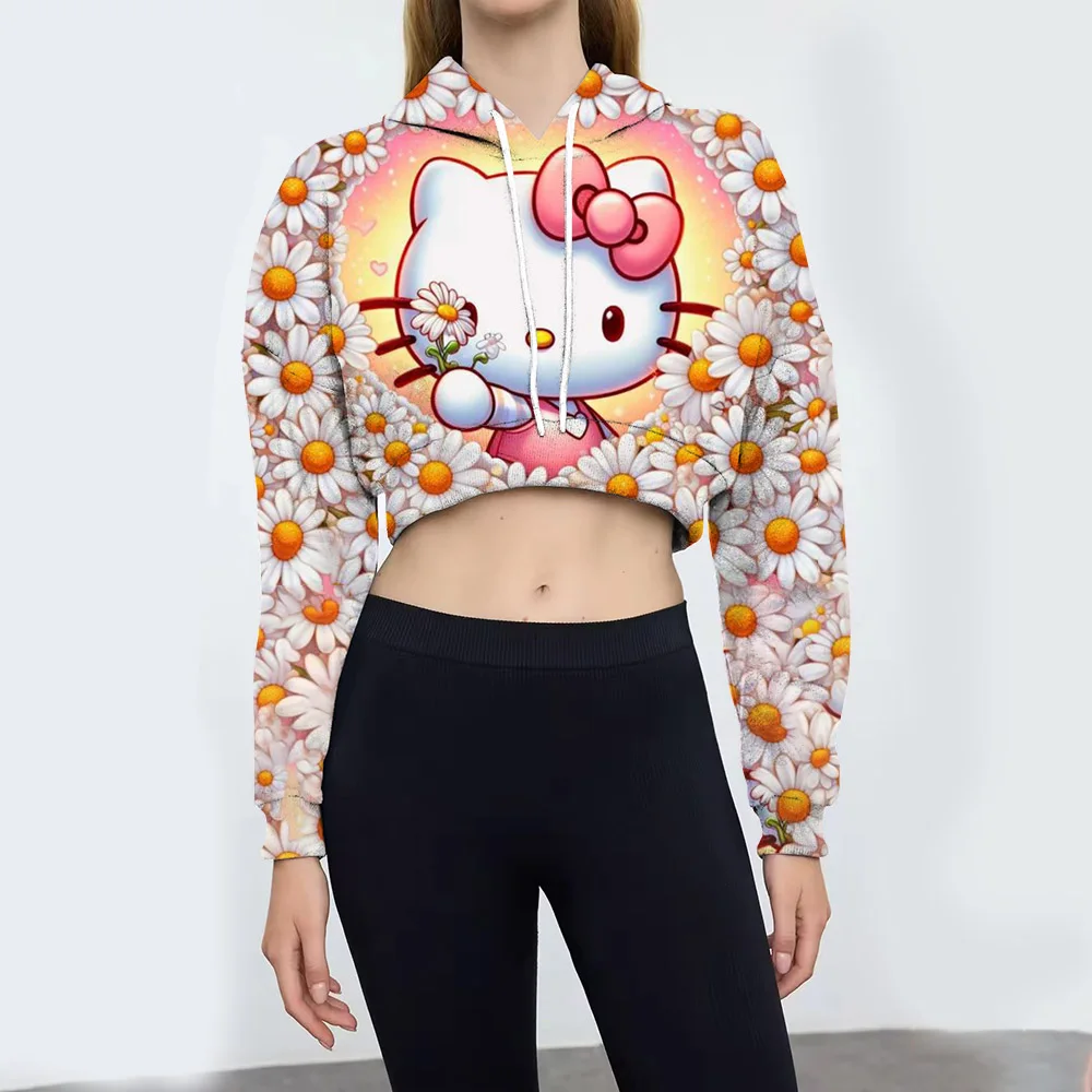 

Hello Kitty Kuromi Fashion Womens Sexy Casual Long Sleeve Hooded Short Sweatshirt Plain Crop Tops Pullover Hooded Sweatshirt