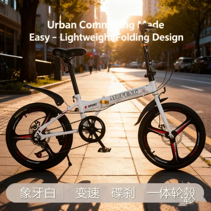 

White 20-inch Folding Bicycle Variable Speed Disc Brake Integrated Wheel Suitable for Men And Women Ideal for Primary Use